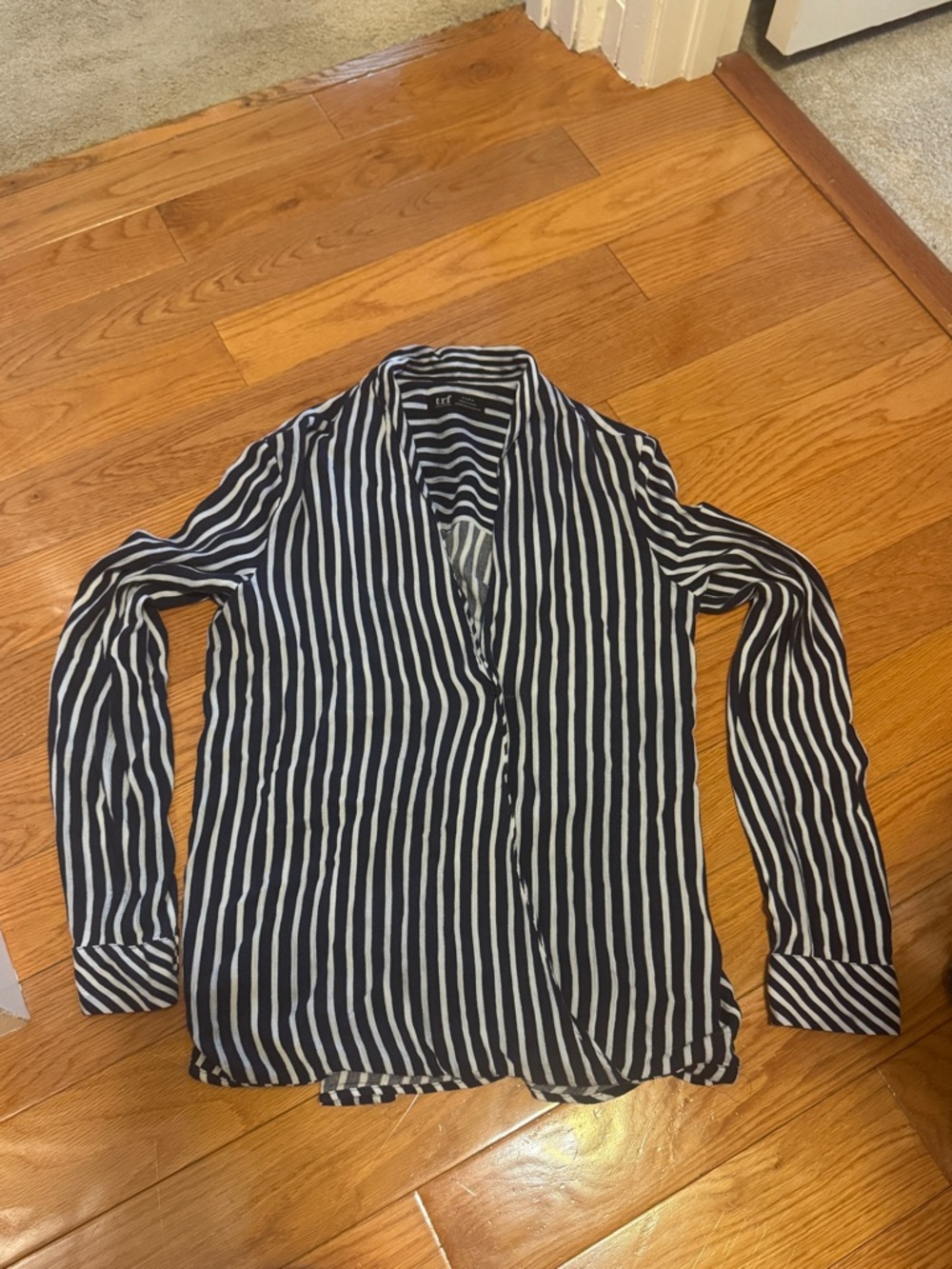 ZARA Striped Navy and White Long-Sleeve Shirt